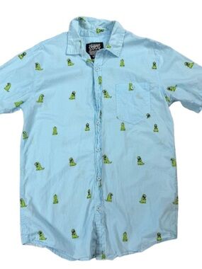 Rugrats Reptar light Blue Short-Sleeve Button-Up Shirt with Green Dinosaur Print
